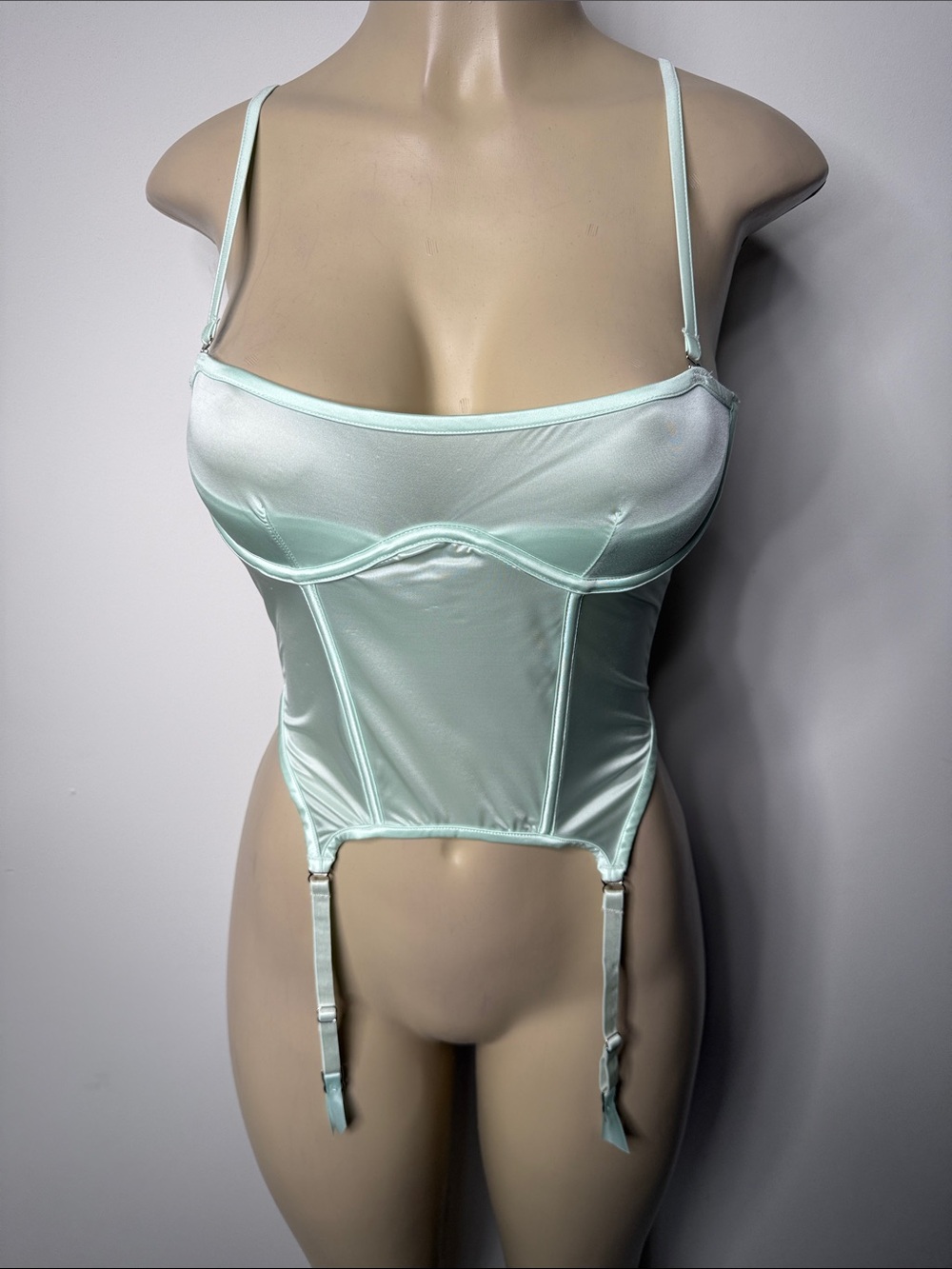 Frederick's of Hollywood Mint Liquid Satin Bustier with Garter Straps NWOT